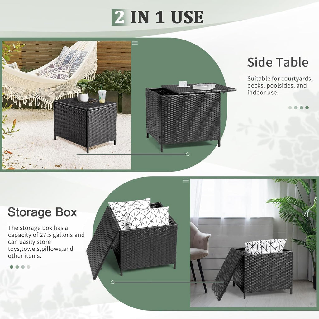 VINGLI Outdoor Side Table with Storage, 27-Gallon Patio Deck Box Outdoor Wicker Side Table for Poolside Balcony Storage Table (Black, Square)
