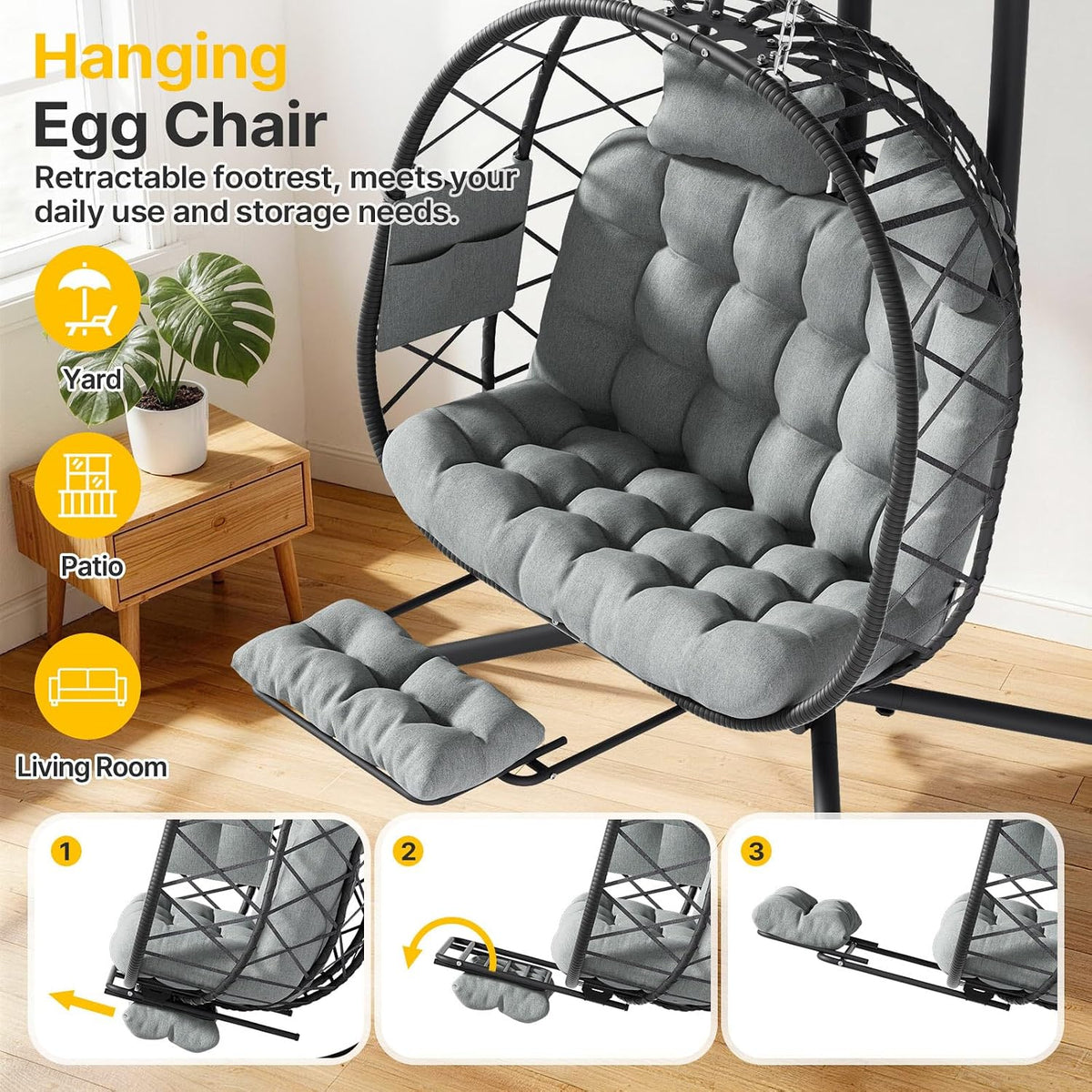 Suteck Double Hanging Egg Chair with Adjustable Footrest & Stand, Grey
