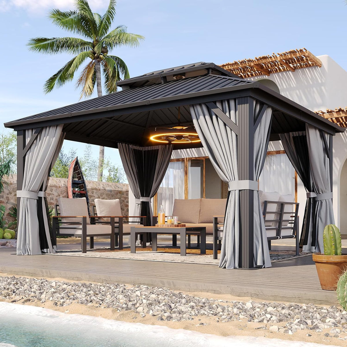 Aoxun Gazebo 10x12 Hardtop Gazebo with Double Galvanized Steel Roof, Gray