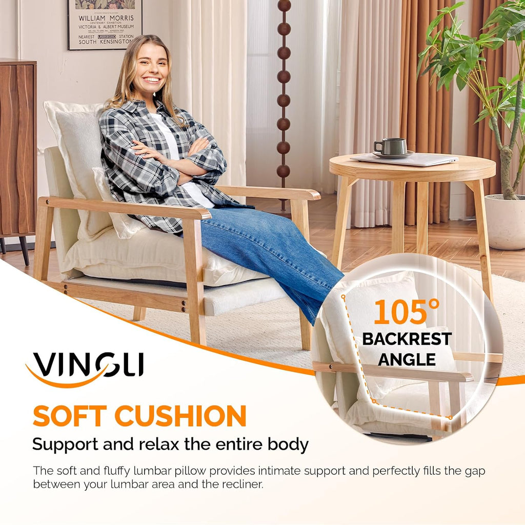 VINGLI Mid-Century Modern Cloud Accent Armchair with Lumbar Pillow, 6.3'' Thick Seat Cushion Comfortable Reading Chair with Wooden Armrests，Boho Lounge Chair for Bedroom, Living Room, Chenille, Beige
