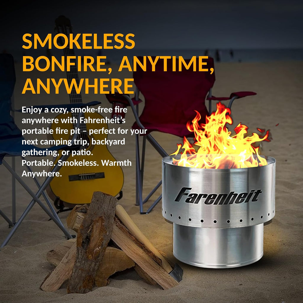 Farenheit 13.5" Stainless Steel Smokeless Fire Pit | Portable Outdoor Wood Burning Firepit for Backyard, Camping, Patio & Deck | Compact Low Smoke Design