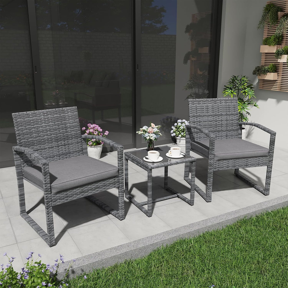 Patiorama 3 Piece Patio Furniture Set, Wicker Conversation Set-Dark Grey