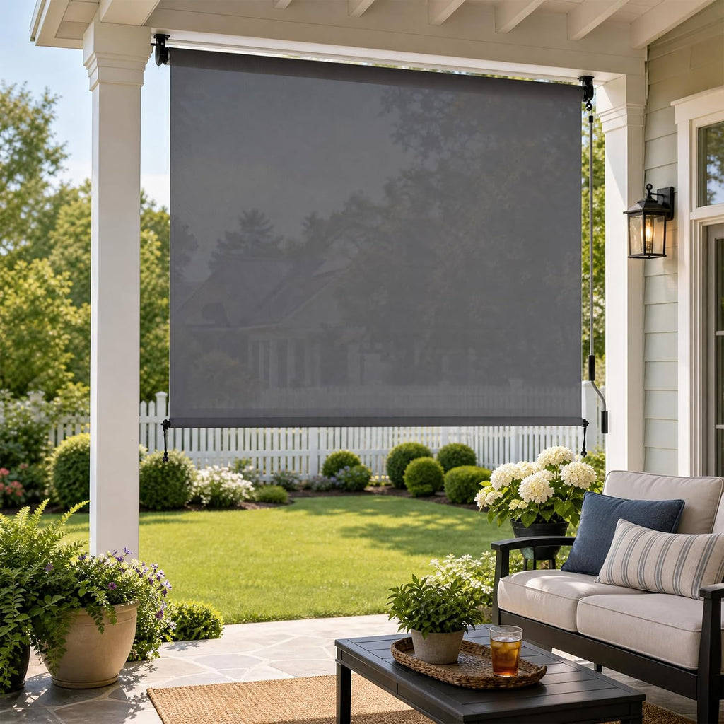 Aoodor 5% Openness Cordless Solar Fabric Roller Shade, 6'W x 8'H Sun Shade for Outdoor Gazebo Pergola Porch Use, 95% UV Protection Blinds, Dark Grey