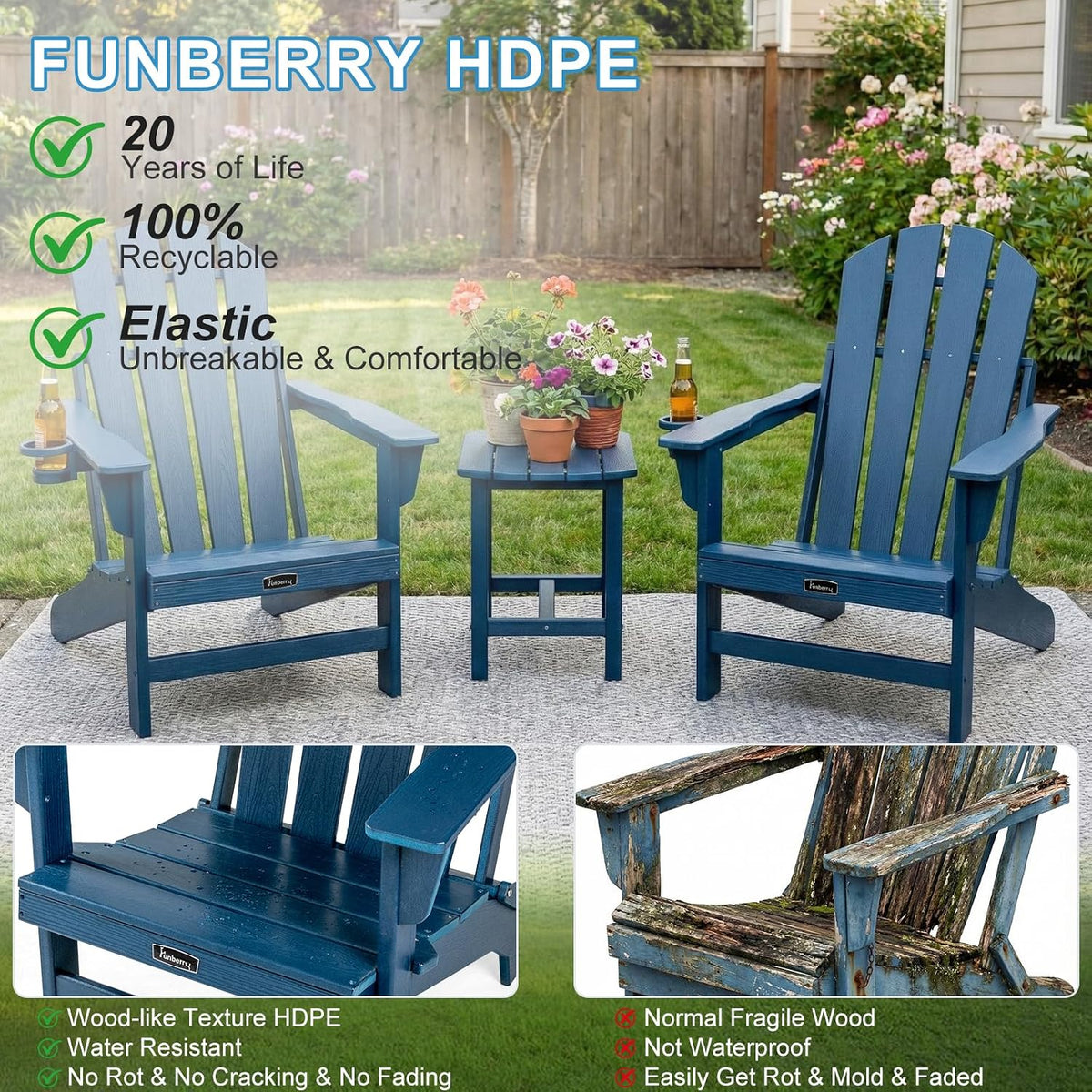 FUNBERRY Oversized Folding Adirondack Chair, Stable Fire Pit Chairs 400LBS