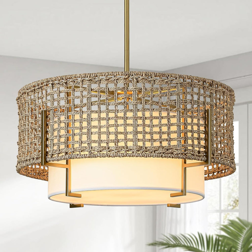 19.7" Rattan Chandelier, 4-Light Boho Dining Room Light Fixture