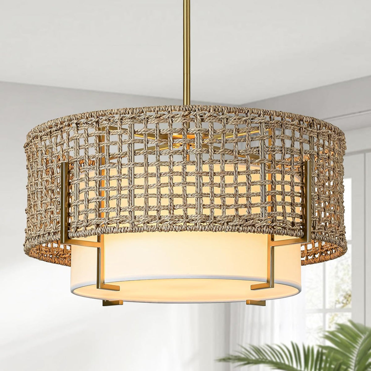 19.7" Rattan Chandelier, 4-Light Boho Dining Room Light Fixture