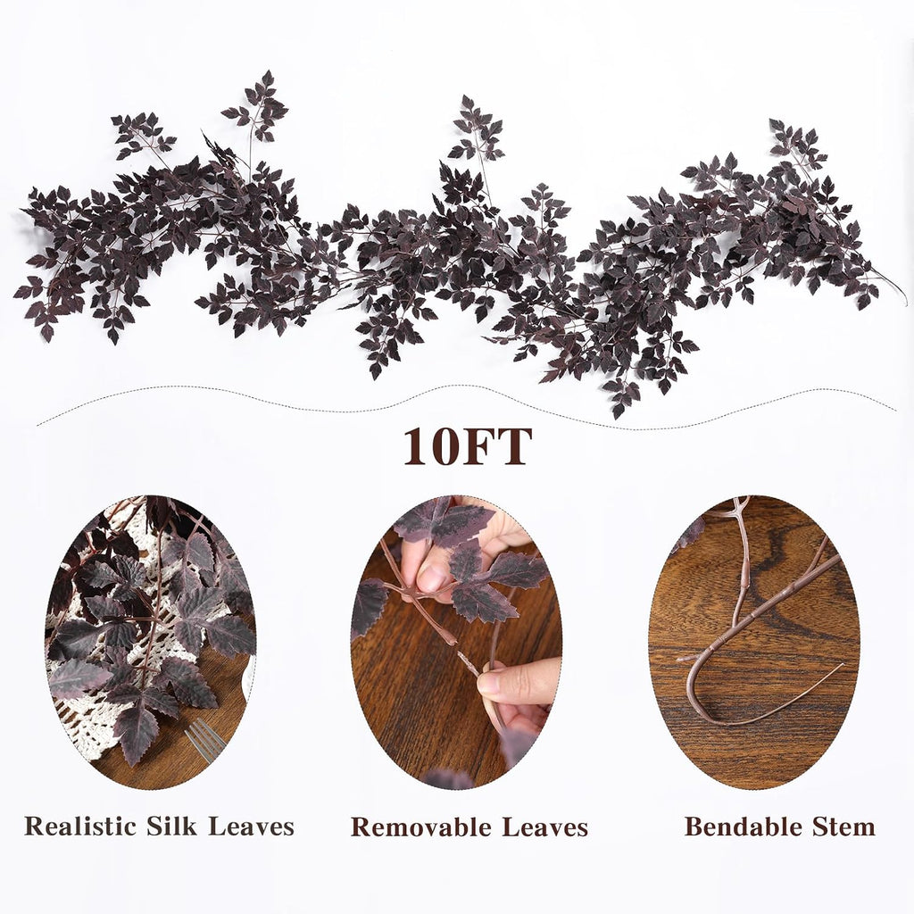 Mizii 10FT Artificial Vines Garlands Burgundy Faux Cimicifuga Vine Garland Silk Leaves Greenery Hanging Plants Fall Decoration for Table Centerpieces Mantle Room Thanksgiving Halloween Decor (10 FT)