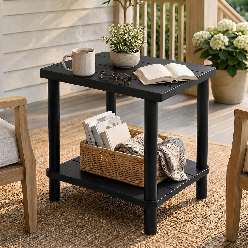 PASAMIC Outdoor Side Table, 2-Tier Square Patio Table for Indoor or Outside, Bamboo Outdoor Tables for Porch, Patio, Balcony, Backyard, Weather Resistant Adirondack End Tables, Low-Maintenance, Black