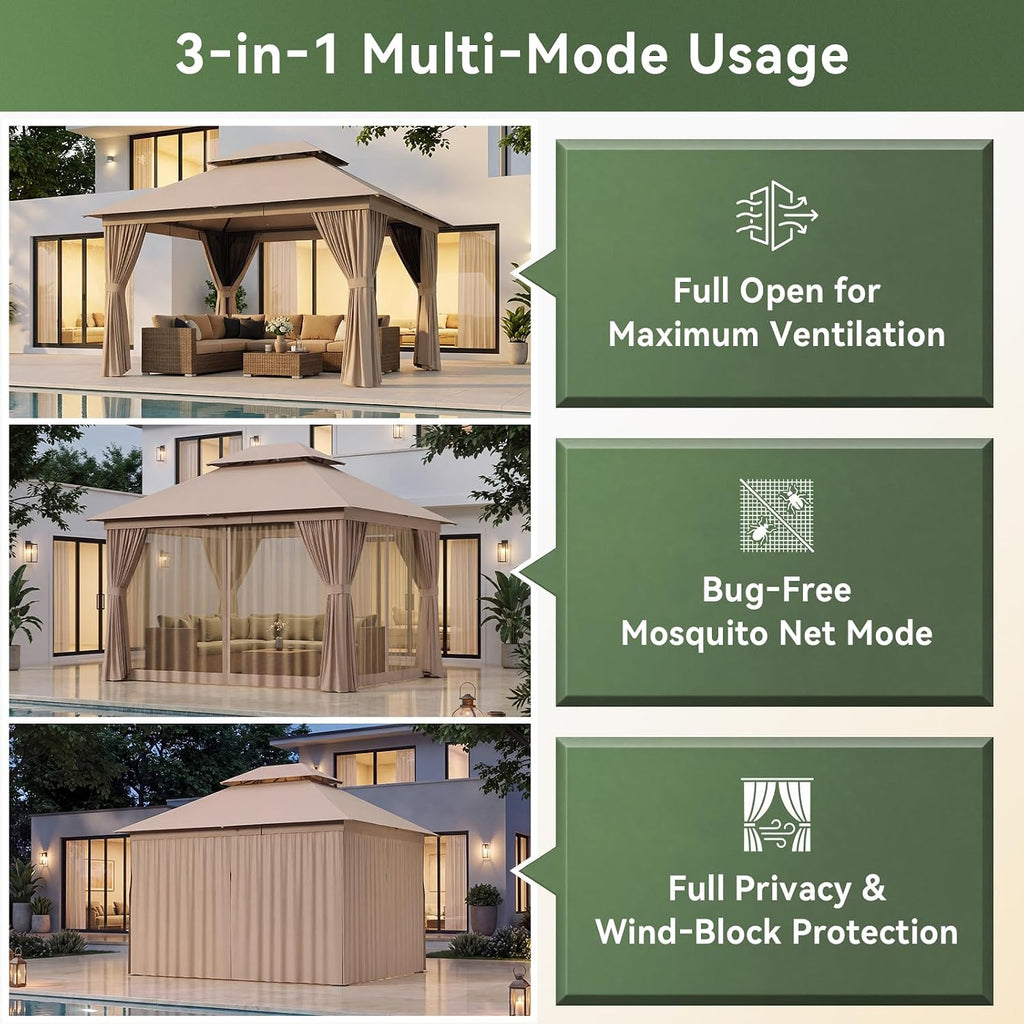 Aoxun 12'x10' Outdoor Gazebo with Curtain & Mosquito Netting, Beige