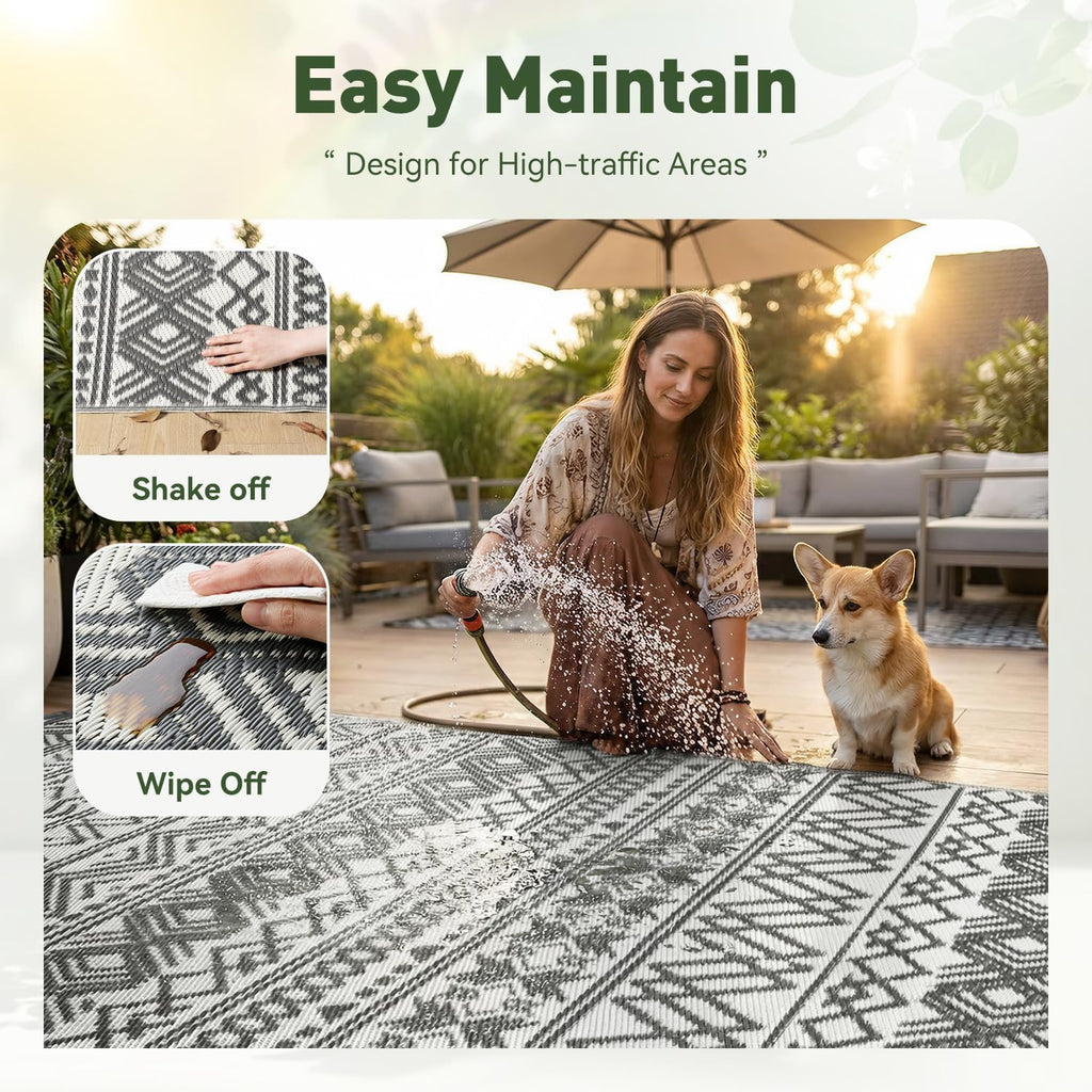 MontVoo-Outdoor Rug Waterproof 6x9 ft Outdoor Carpet Patio Rug Mat Reversible RV Camping Rug-Plastic Straw Rug Outside Outdoor Area Rug for Patio Deck Balcony Backyard Picnic Beach -Boho Grey