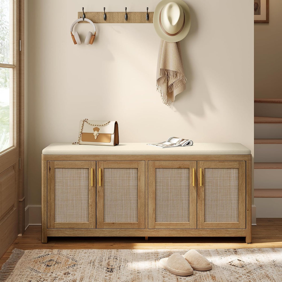 VASAGLE Boho Shoe Bench with Cushion, 4 Rattan-Look Cabinet Doors