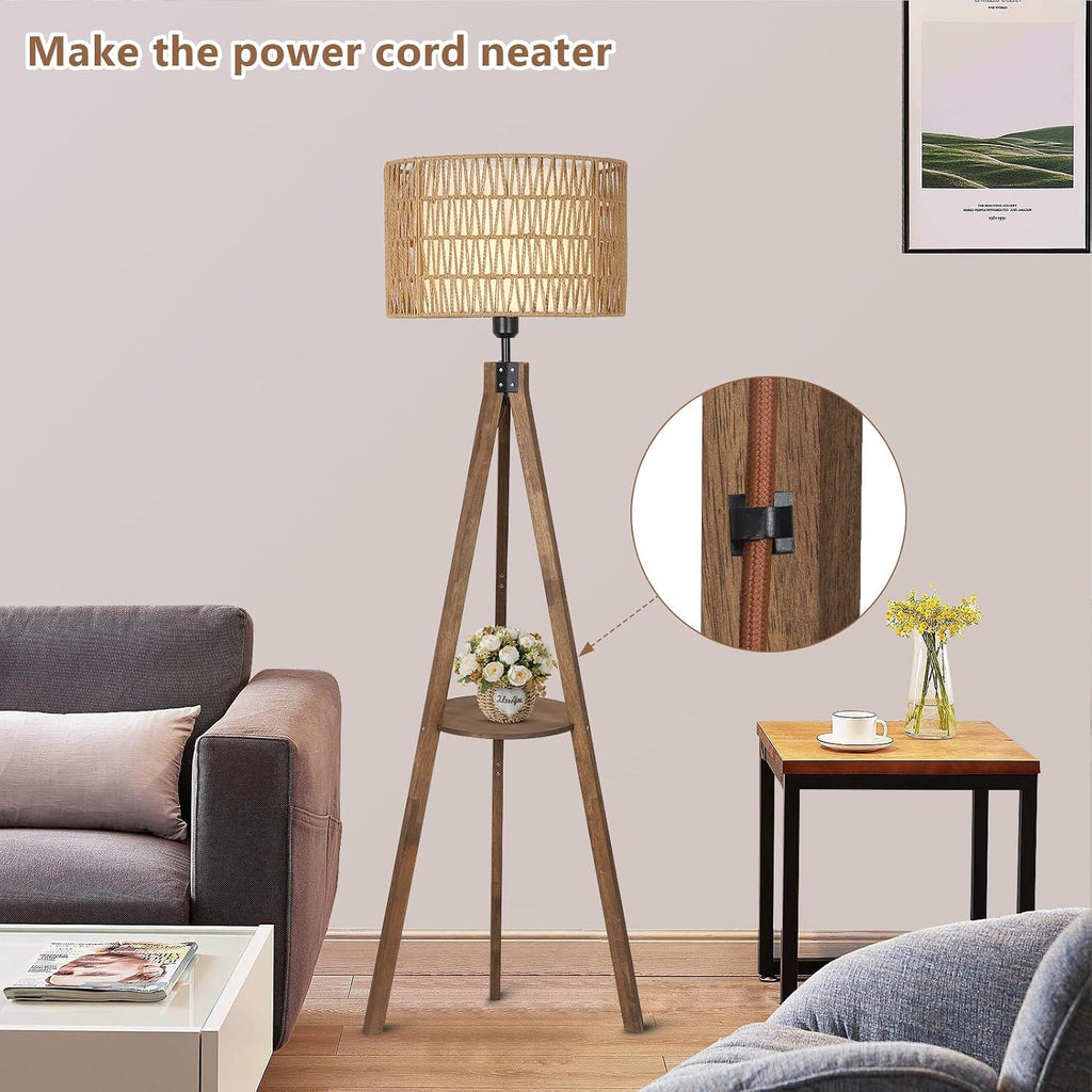 LAMSU Boho Tripod Floor Lamps for Living Room, Rattan Wood Floor Lamp with Fabric Shades, Mid Century Standing Lamp with Shelf, Foot Switch, Modern Farmhouse Tall Lamps for Bedroom Office Brown