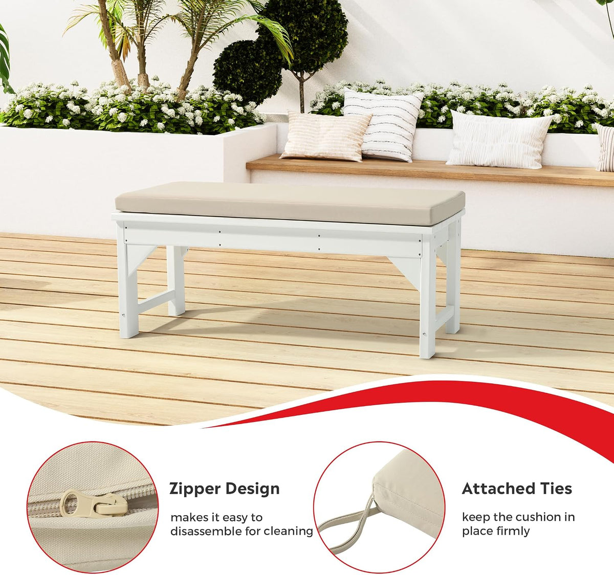 Costaelm Outdoor Bench Cushion, Waterproof and Fade Resistant Patio Seat Cushions - Non-Slip Bench Pad Cushion with Removable Cover for Garden Swing Porch Settee, 43 x 18 Inch, White