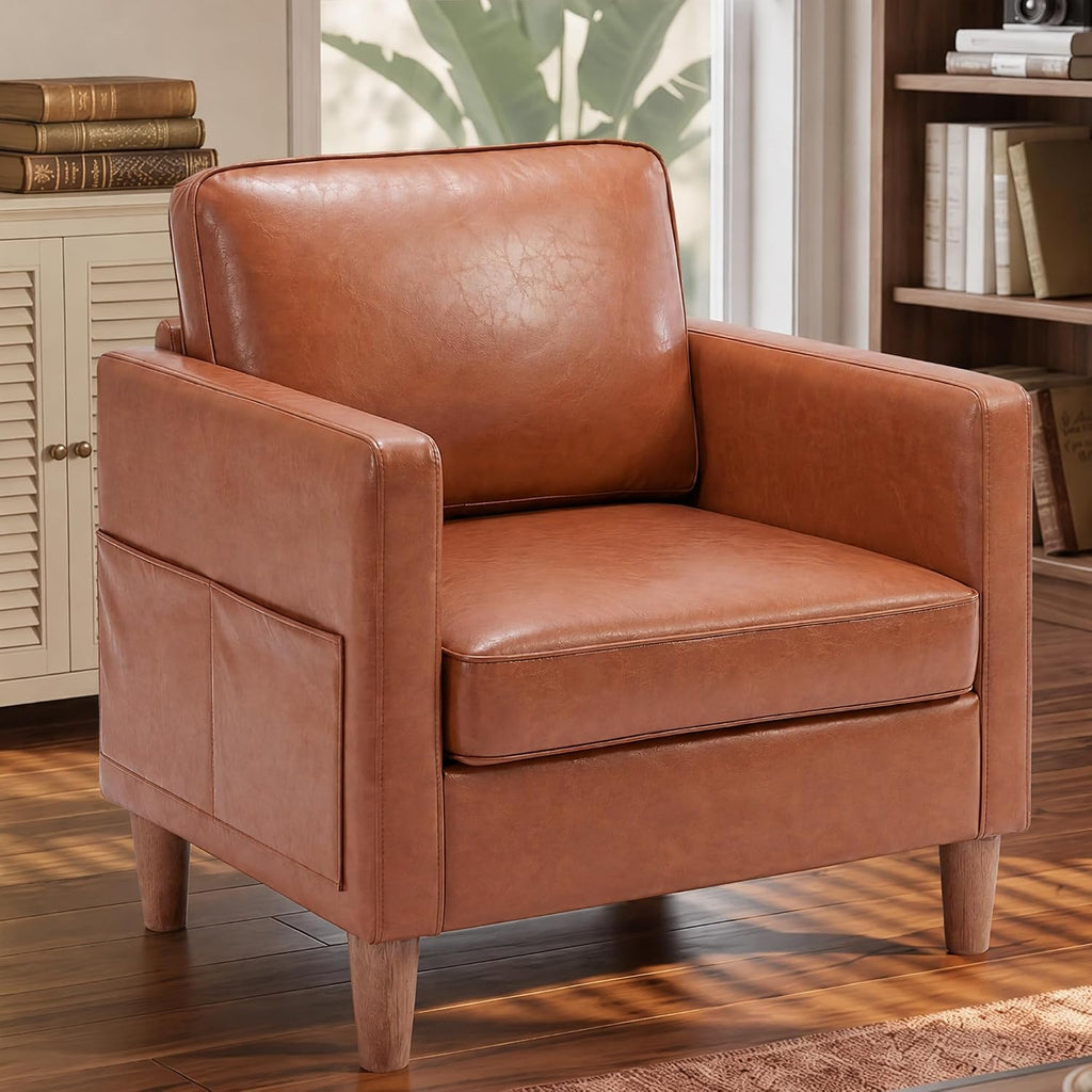Faux Leather Accent Chair Mid Century Modern Armchair for Living Room