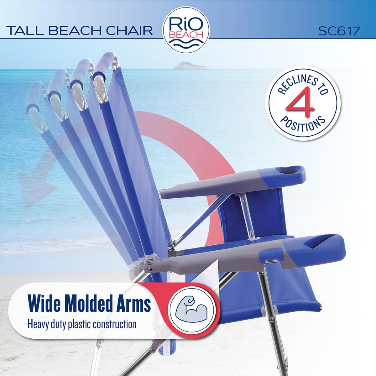Rio Brands 17" Extended Height 4-Position Folding Beach, Camping, Lawn Chair, Blue/White/Green