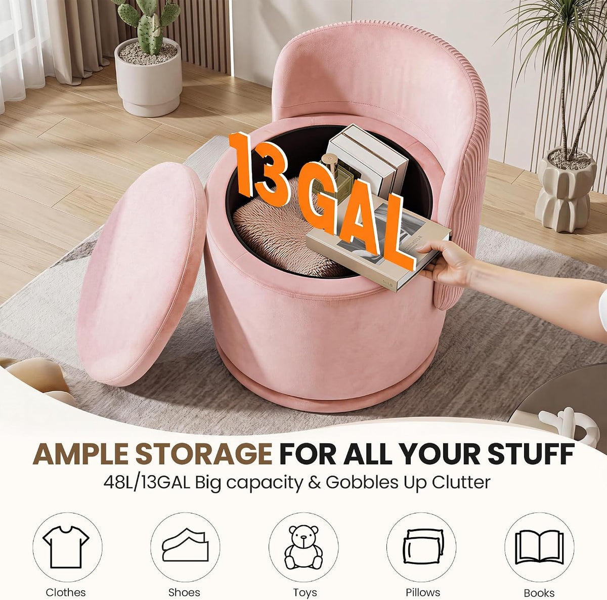 MALOL 360° Swivel Velvet Vanity Chair with Storage, Pink