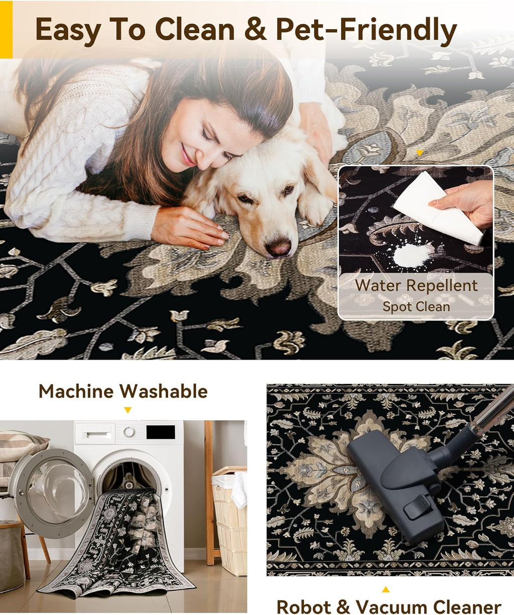 RELEANY Washable Area Rug, Large 10'x14', Black/Neutral