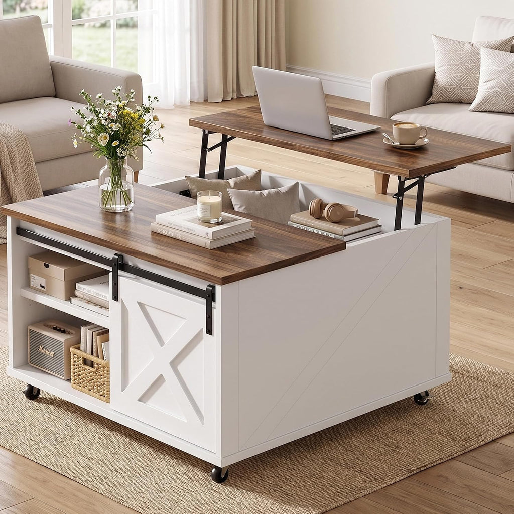 Shintenchi 31.5" Lift Top Coffee Table with Wheels & Storage, Square Farmhouse Lift Tabletop Coffee Tables for Living Room with Large Hidden Storage Compartments & Adjustable Shelves, White