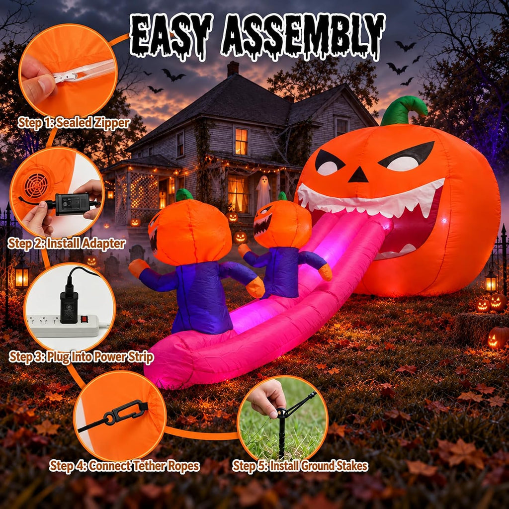 9FT Halloween Inflatables Pumpkin Outdoor Decorations, Blow Up Inflatable Giant Pumpkin Monster with Long Tongue and LEDs for Yard, Lawn, Garden, Porch and Party Deco