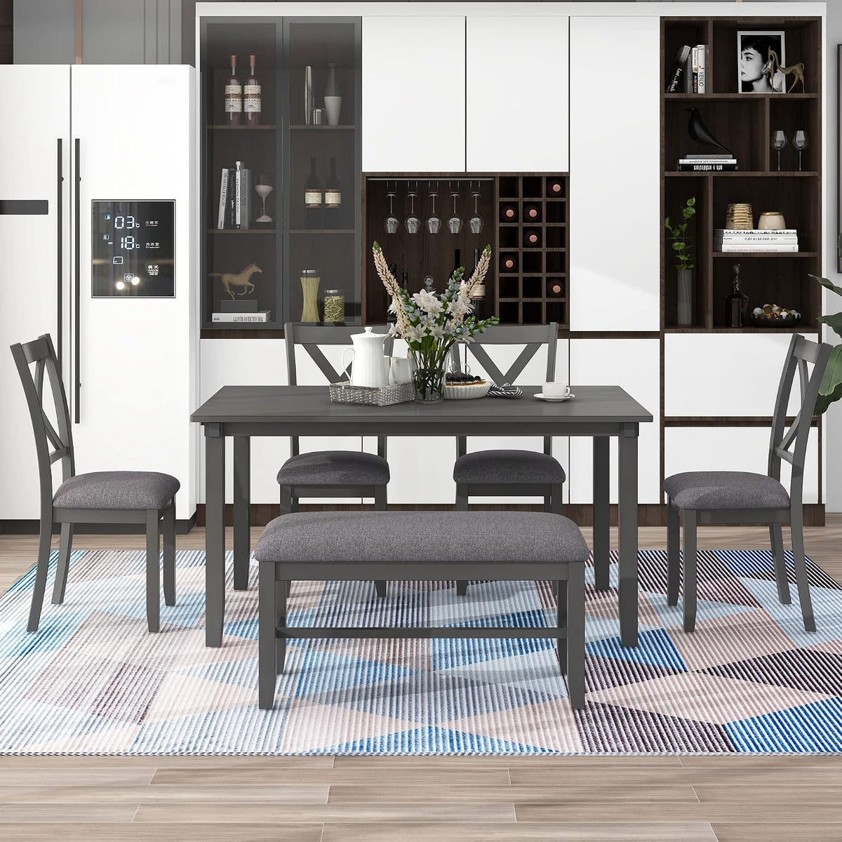 Merax 6-Piece Farmhouse Dining Table Set, 60" Solid Wood Rectangular Kitchen Table with 4 Upholstered Chairs & 1 Bench, Dining Room & Living Room Furniture, Gray
