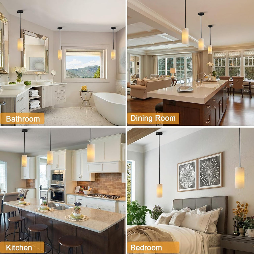 Alabaster Pendant Lights Kitchen Island, Black Hand Carved Alabaster Cylinder Pendent, Spanish Natural Marble Light Pendant for Bedroom Bathroom Dining Room Living Room- 3 PC