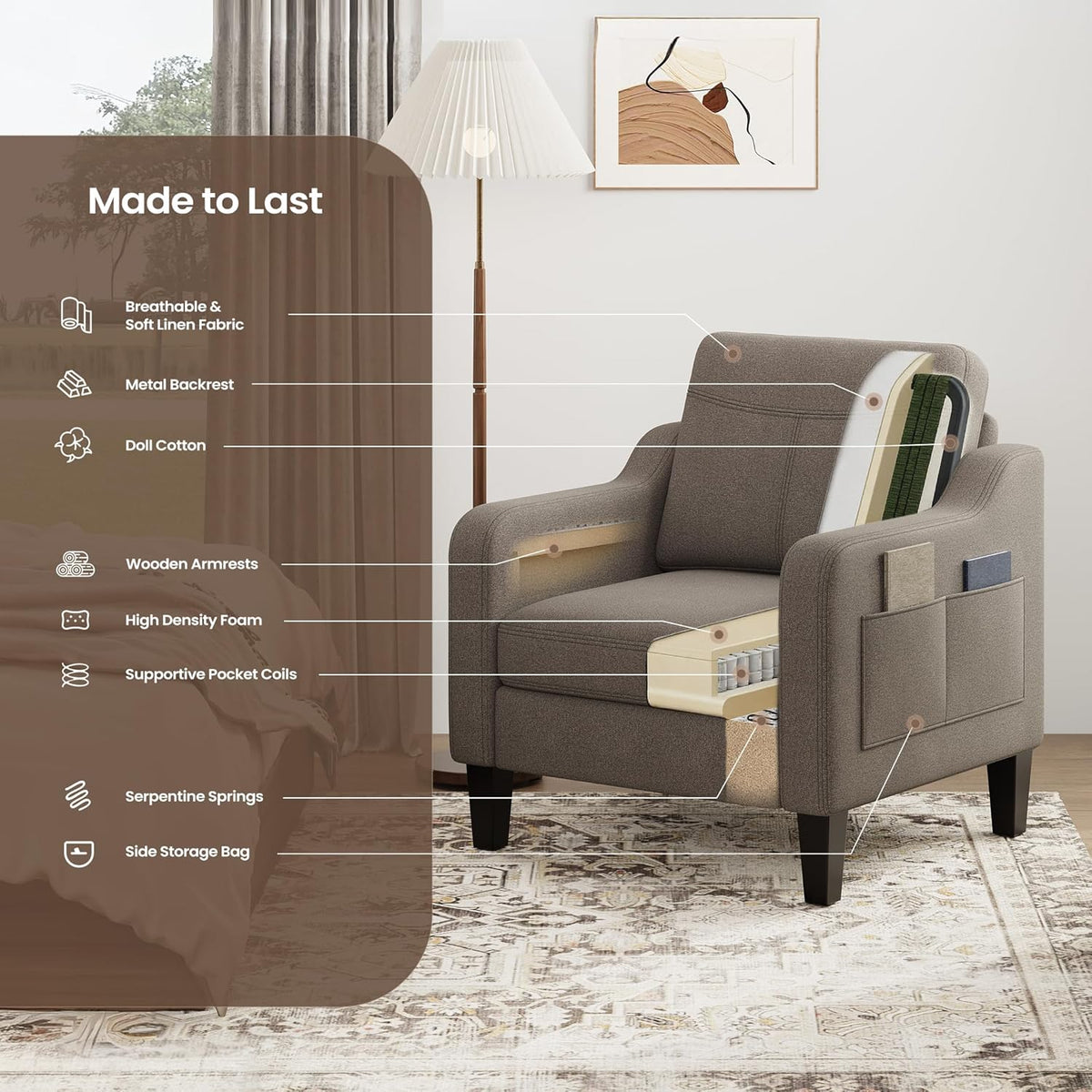 Upholstered Accent Chair with Foldable Side Table for Living Room