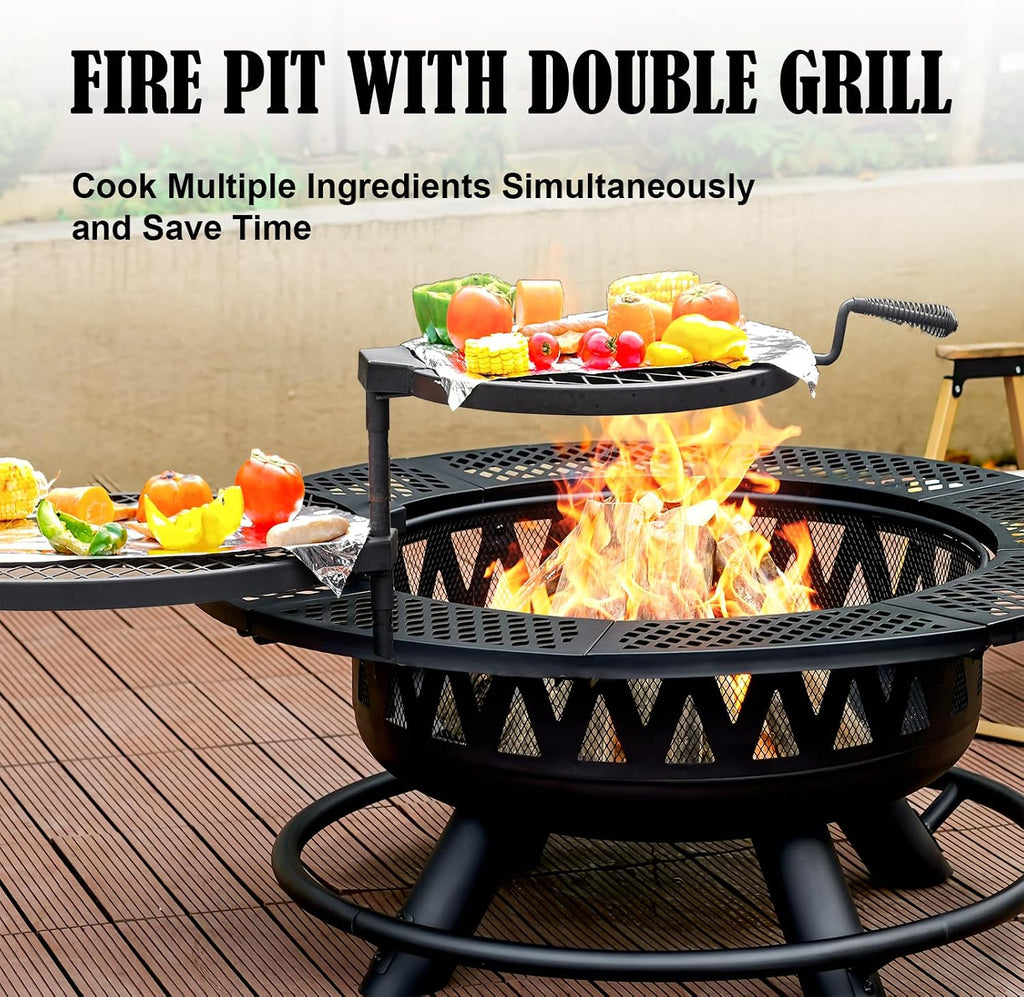 36 Inch Outdoor Fire Pit with 2 Grills,Wood Burning Outside Large Fireplace