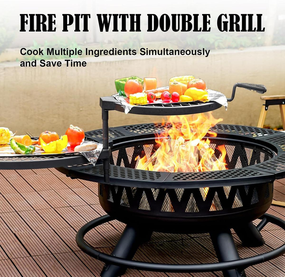 36 Inch Outdoor Fire Pit with 2 Grills,Wood Burning Outside Large Fireplace