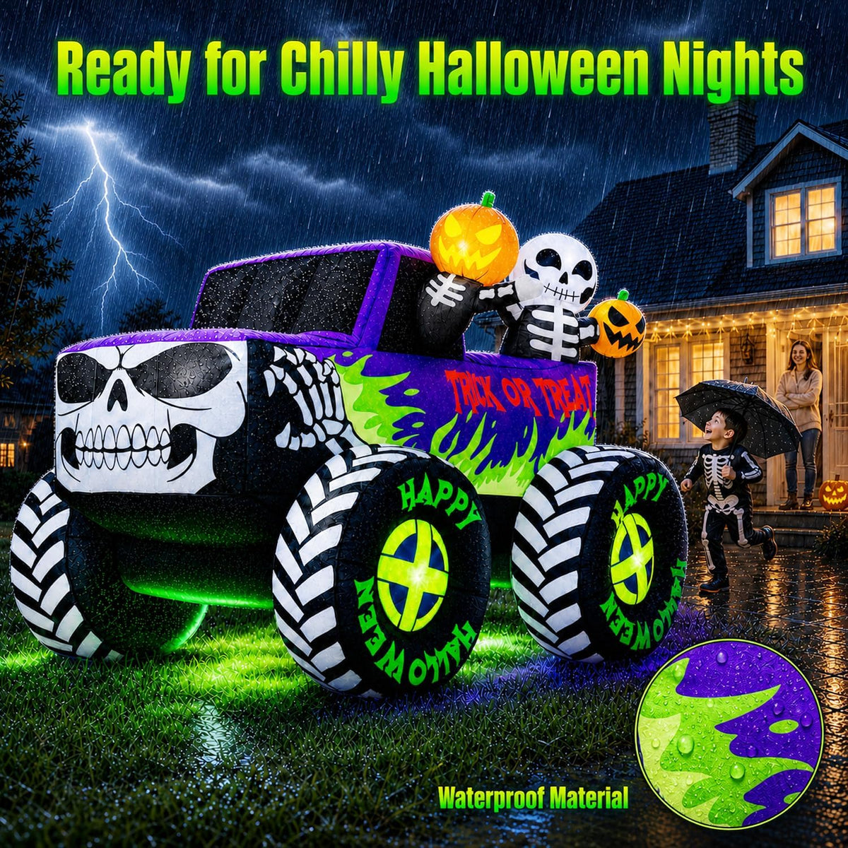8FT Long Giant Halloween Inflatables Decoration Outdoor Skeleton Monster Truck Built-in Full-Body LEDs Huge Blow up Yard Decorations Large Blowups Strong Blower for Lawn Party Festival