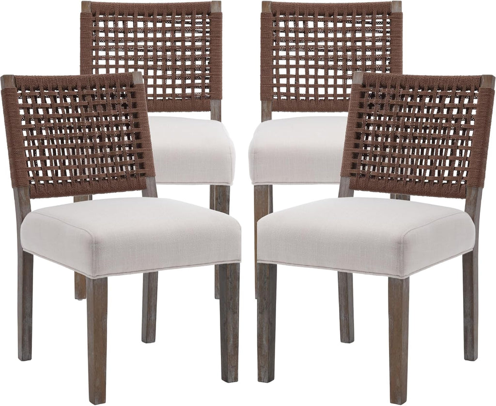 chairus upholstered Dining Chairs Set of 4, Boho Coastal Dining Room Chairs with Brown Walnut Woven Rope Back Gray-Brown Washed Wood Leg Modern Farmhouse Wooden Kitchen Side Chairs, Beige Linen Seat