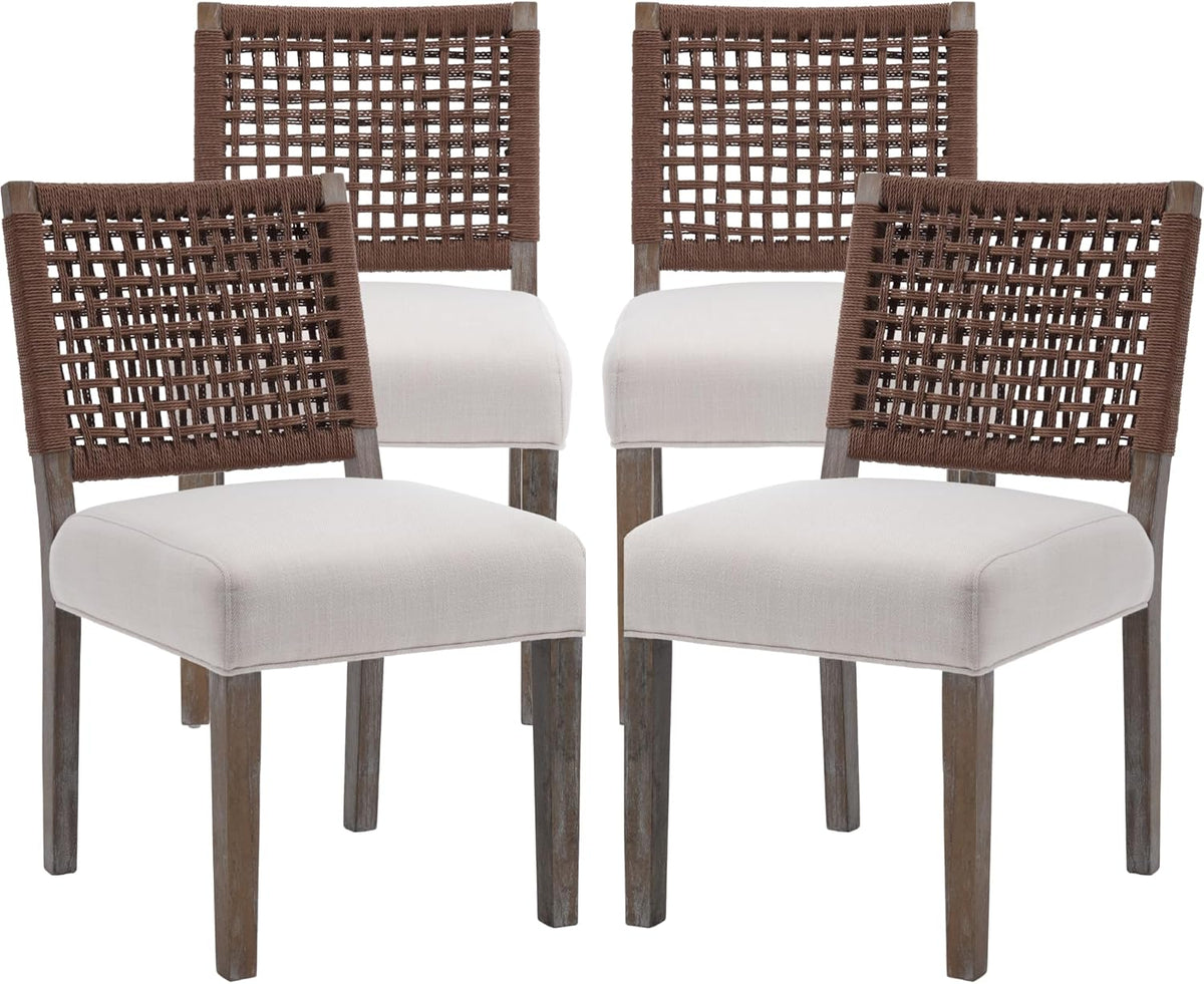 chairus upholstered Dining Chairs Set of 4, Boho Coastal Dining Room Chairs with Brown Walnut Woven Rope Back Gray-Brown Washed Wood Leg Modern Farmhouse Wooden Kitchen Side Chairs, Beige Linen Seat