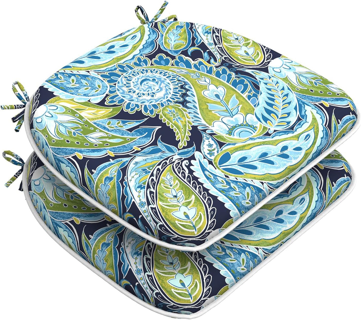 DYTXIII Set of 2 Outdoor Chair Cushions with Ties,Water Repellent Patio Chair Pads 17"x 16" for Outdoor Furniture,Round Corner Seat Cushions for Garden Yard Kitchen Paisley Lapis Green