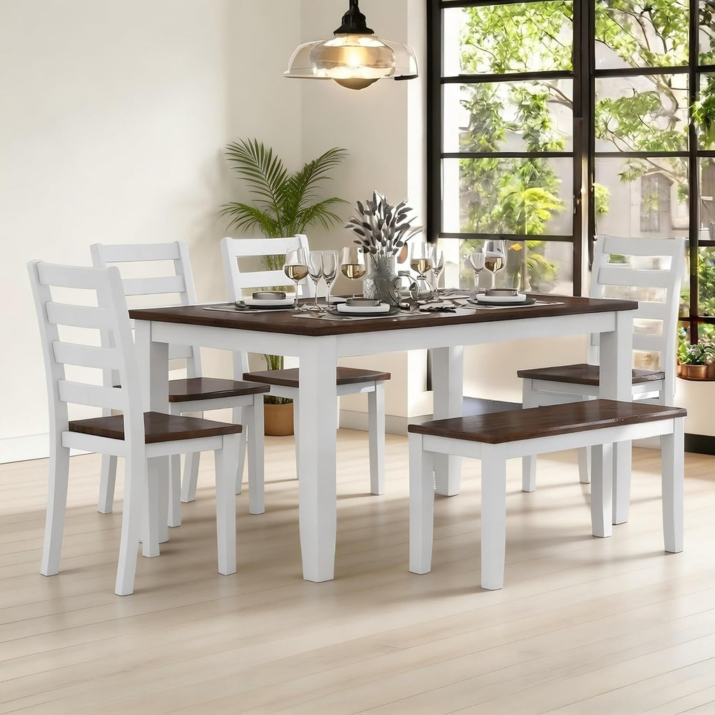 LUMISOL 6-Piece Farmhouse Dining Table Set for 6-7, Solid Wood Kitchen Table Set with Bench and Chairs, Rustic Table and Chairs Set for Kitchen, Dining Room, Walnut + Cottage White