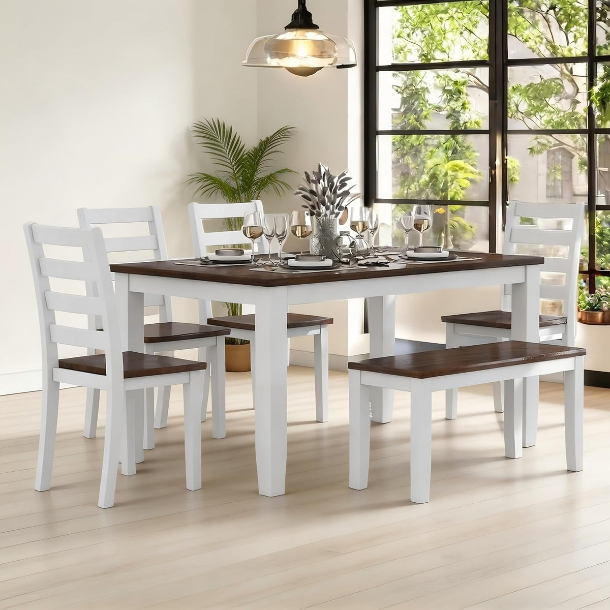 LUMISOL 6-Piece Farmhouse Dining Table Set for 6-7, Solid Wood Kitchen Table Set with Bench and Chairs, Rustic Table and Chairs Set for Kitchen, Dining Room, Walnut + Cottage White