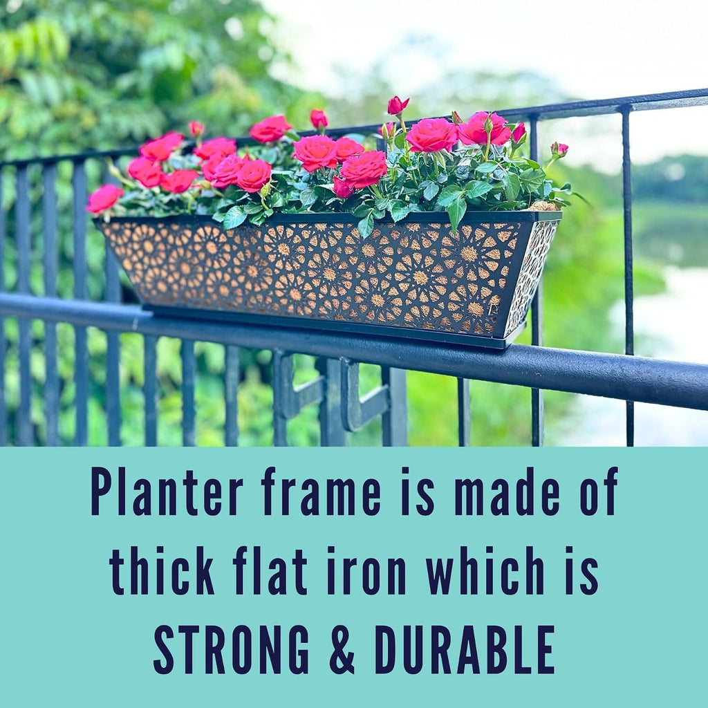 LaLaGreen Window Planter Boxes Outdoor (24 Inch, 4 Pack) Large Fence Hanging Planters Outdoor Plants, Metal Deck Railing Flower Box with Coco Liner, Modern Horse Troughs Balcony Pots Patio Porch Rail