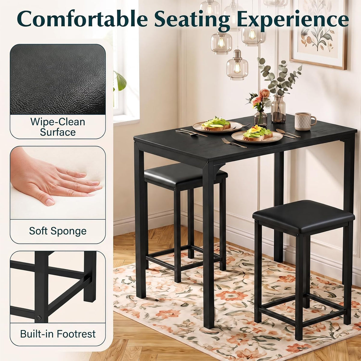 COSTWAY Dining Table Set, Counter Height Table & 2 Upholstered Stools