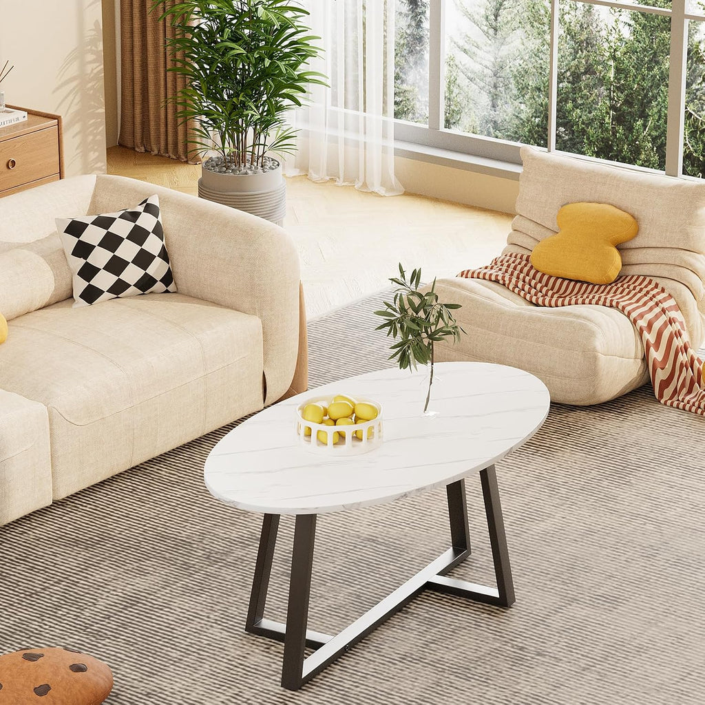 Wolawu Coffee Table Small Oval Table,White Faux Marble Table for Living Room, Modern Center Tea Tables for Small Space,Wooden Tables End Tables with Sturdy Black Metal Leg