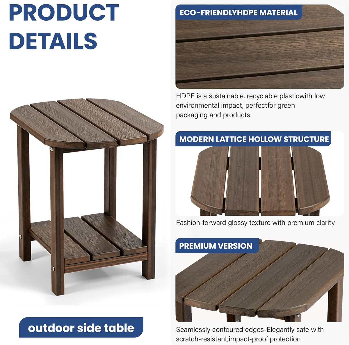 Outdoor Side Table with Shelf - All-Weather HDPE End Table with Realistic Wood Grain, Heavy Duty Composite for Patio, Deck, Poolside, Garden & Adirondack Seating (Gray)