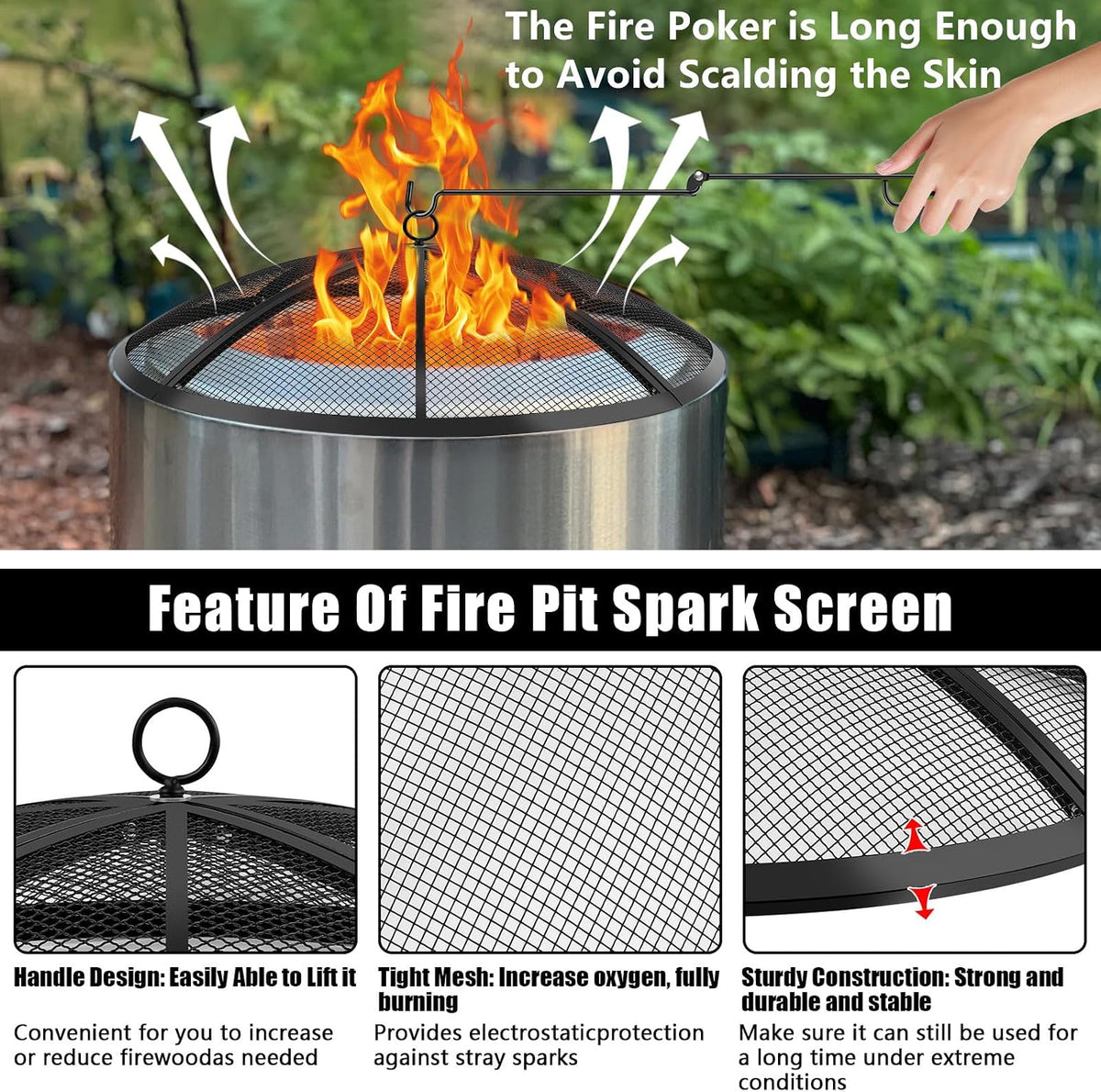 Fire Pit Spark Screen, Fire Pit Screen 24 Inch Round with Handle & Poker