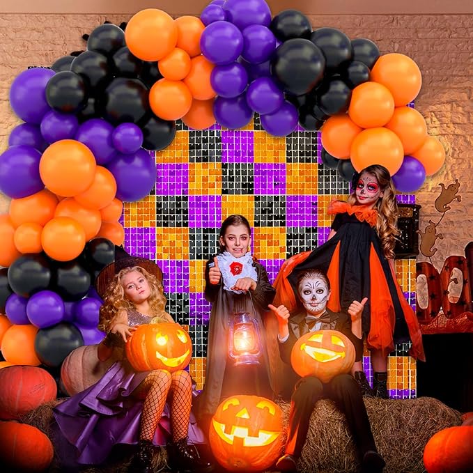 12PCS Black Orange Purple Shimmer Wall Backdrop, Laser Square Sequin Photo Backdrops Panel, Glitter Wall Background for Birthdays, Weddings, Halloween Party Decor (3FTx4FT)