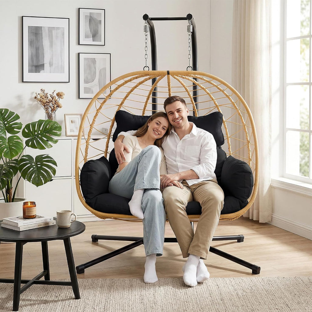 Bifanuo Double Hanging Egg Chair with Stand, Outdoor Indoor Swing Chair with Removable Cushion for 2 Person, Heavy Duty 700LBS Capacity for Patio, Bedroom, Garden (Yellow-Black)