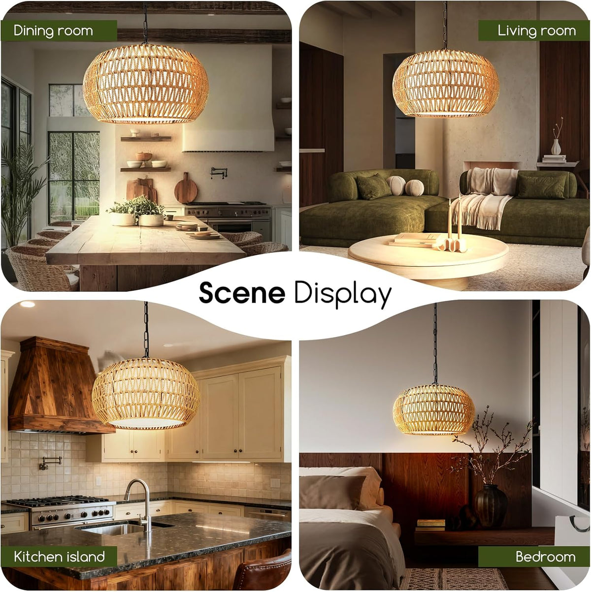 19" Boho Rattan Chandelier for Dining Room 5-Lights Farmhouse Chandelier