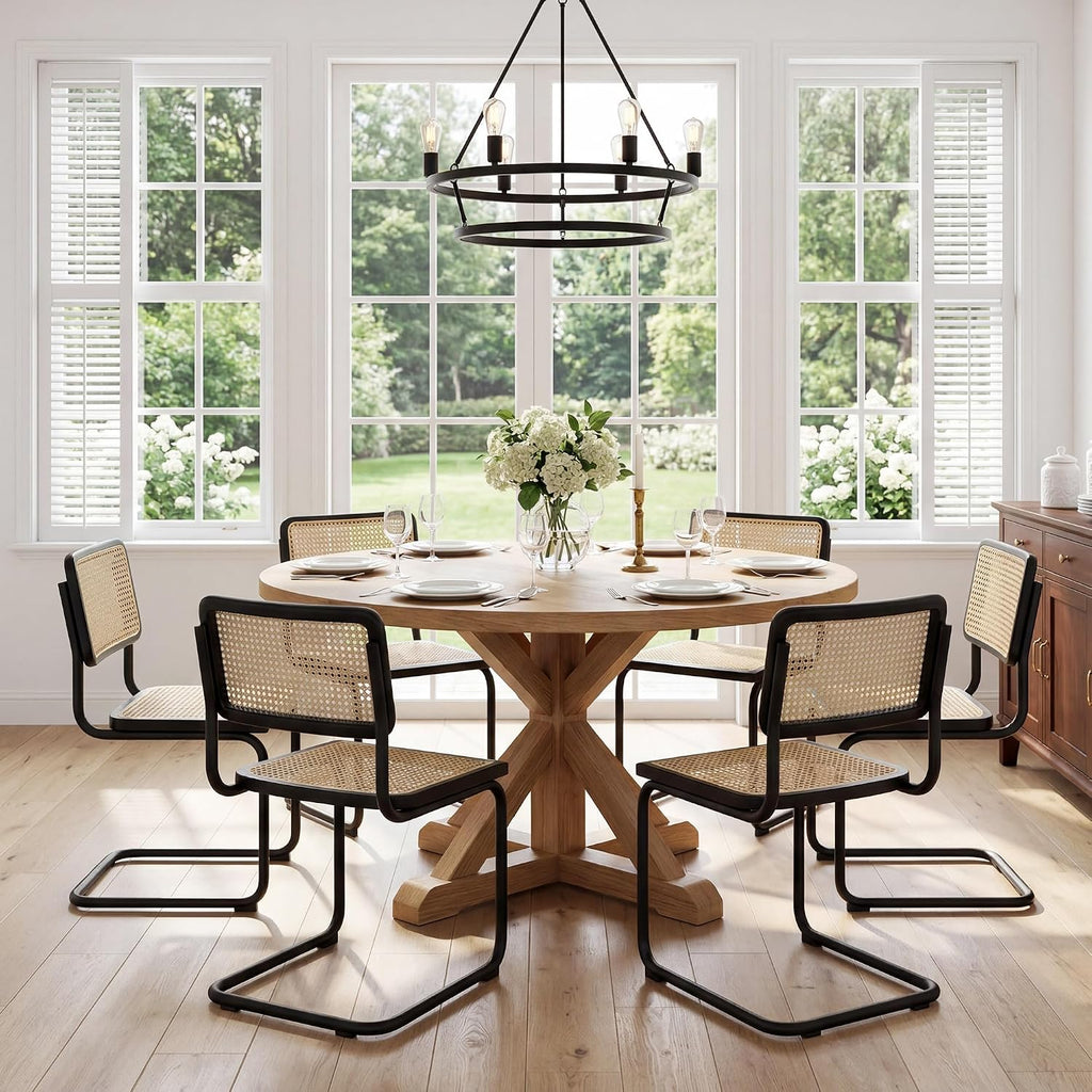 Flouki Rattan Dining Chairs Set of 4, Boho Accent Chairs for Kitchen Room with Natural Cane Mesh, Mid Century Cantilever Design, Solid Rubber Wood