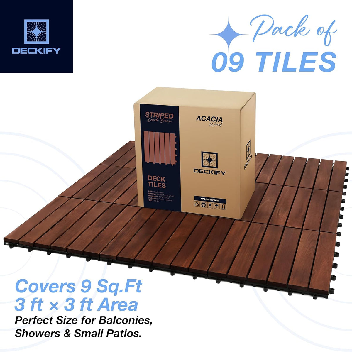 9-Piece Acacia Wood Interlocking Deck Tiles, Dark Brown Striped
