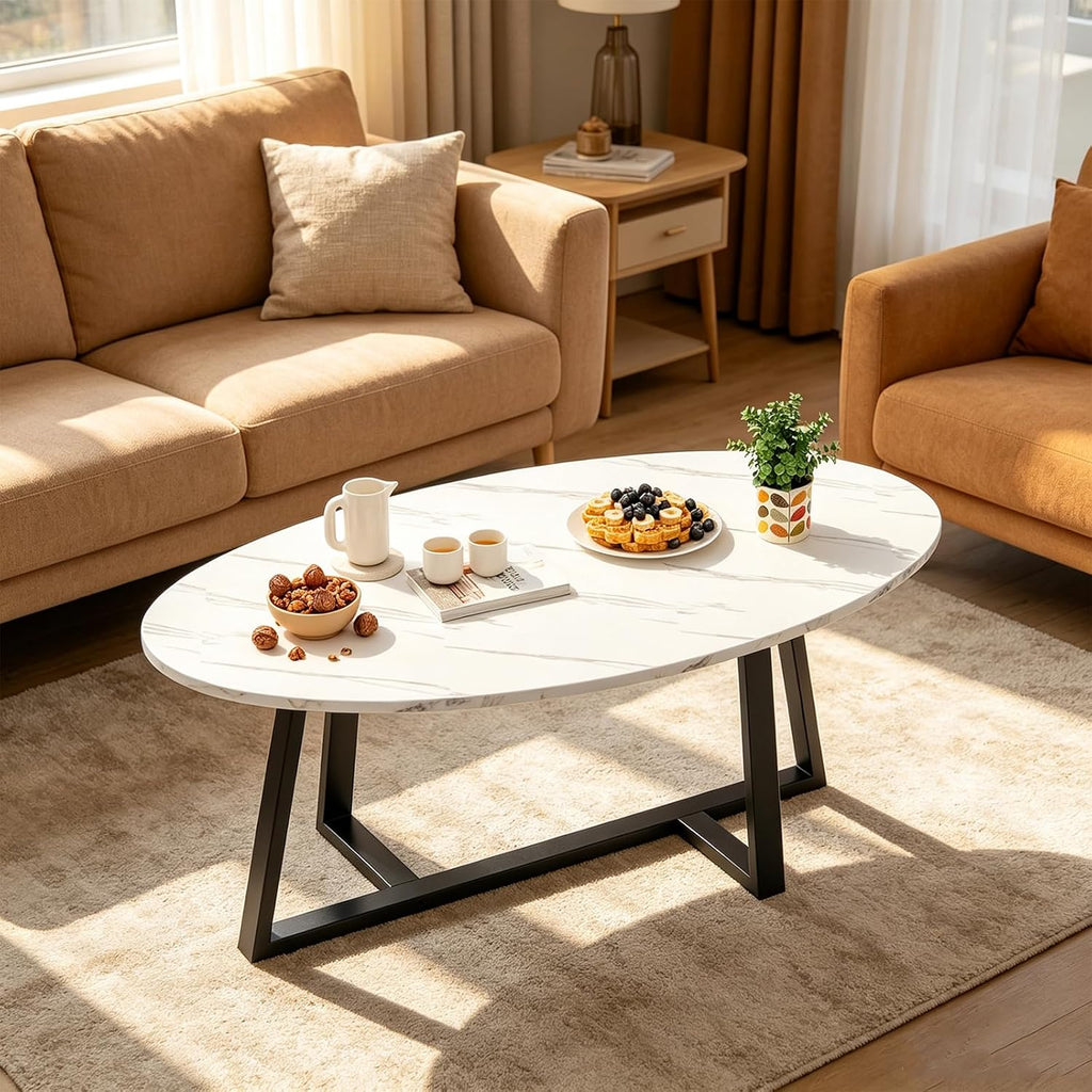 Wolawu Coffee Table Small Oval Table,White Faux Marble Table for Living Room, Modern Center Tea Tables for Small Space,Wooden Tables End Tables with Sturdy Black Metal Leg