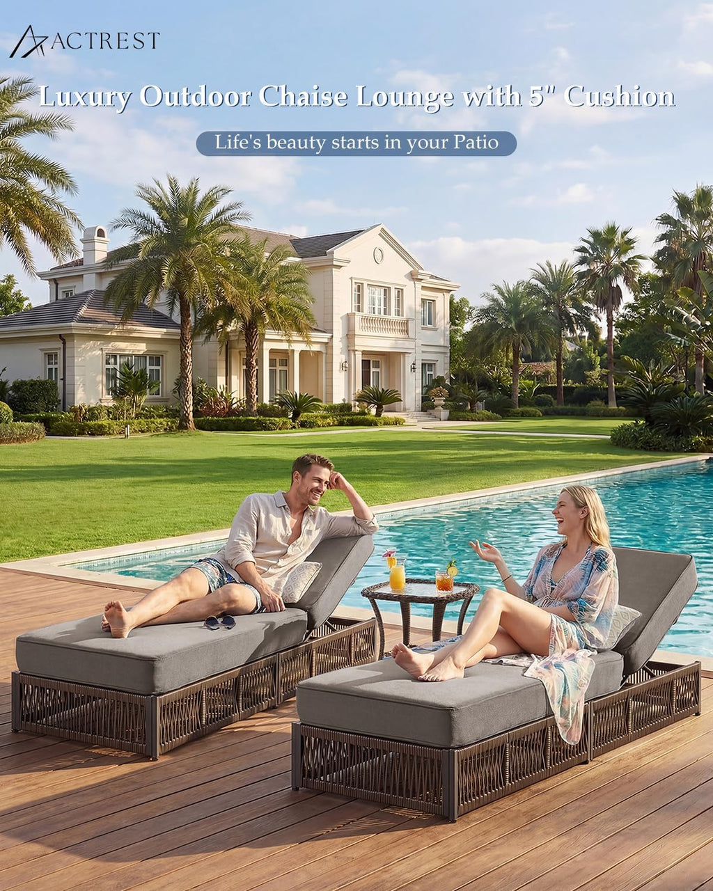 Luxury Outdoor Chaise Lounge Chairs of 4 with 5 Inch Thick Cushions and Side Table - 6 PCS High Back Brown Wicker Rattan Patio Recliners Lounger Furniture Set for Poolside Sunbathing - Grey