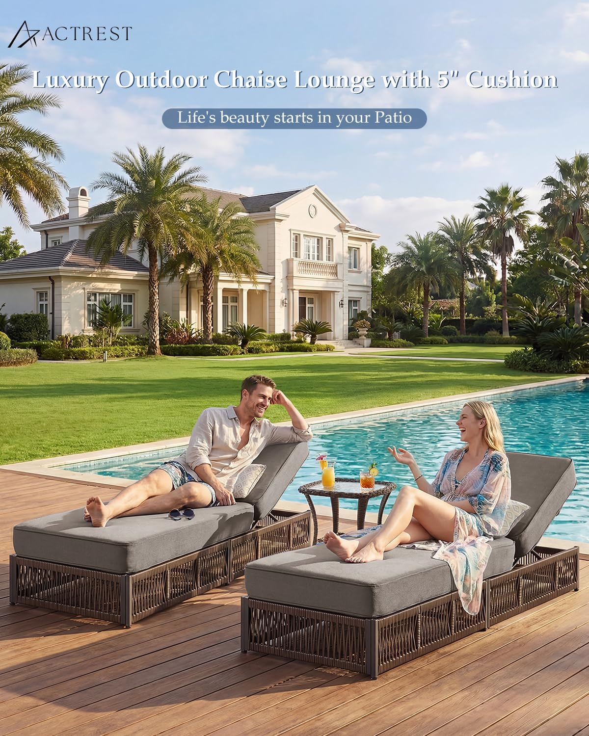 Luxury Outdoor Chaise Lounge Chairs of 4 with 5 Inch Thick Cushions and Side Table - 6 PCS High Back Brown Wicker Rattan Patio Recliners Lounger Furniture Set for Poolside Sunbathing - Grey