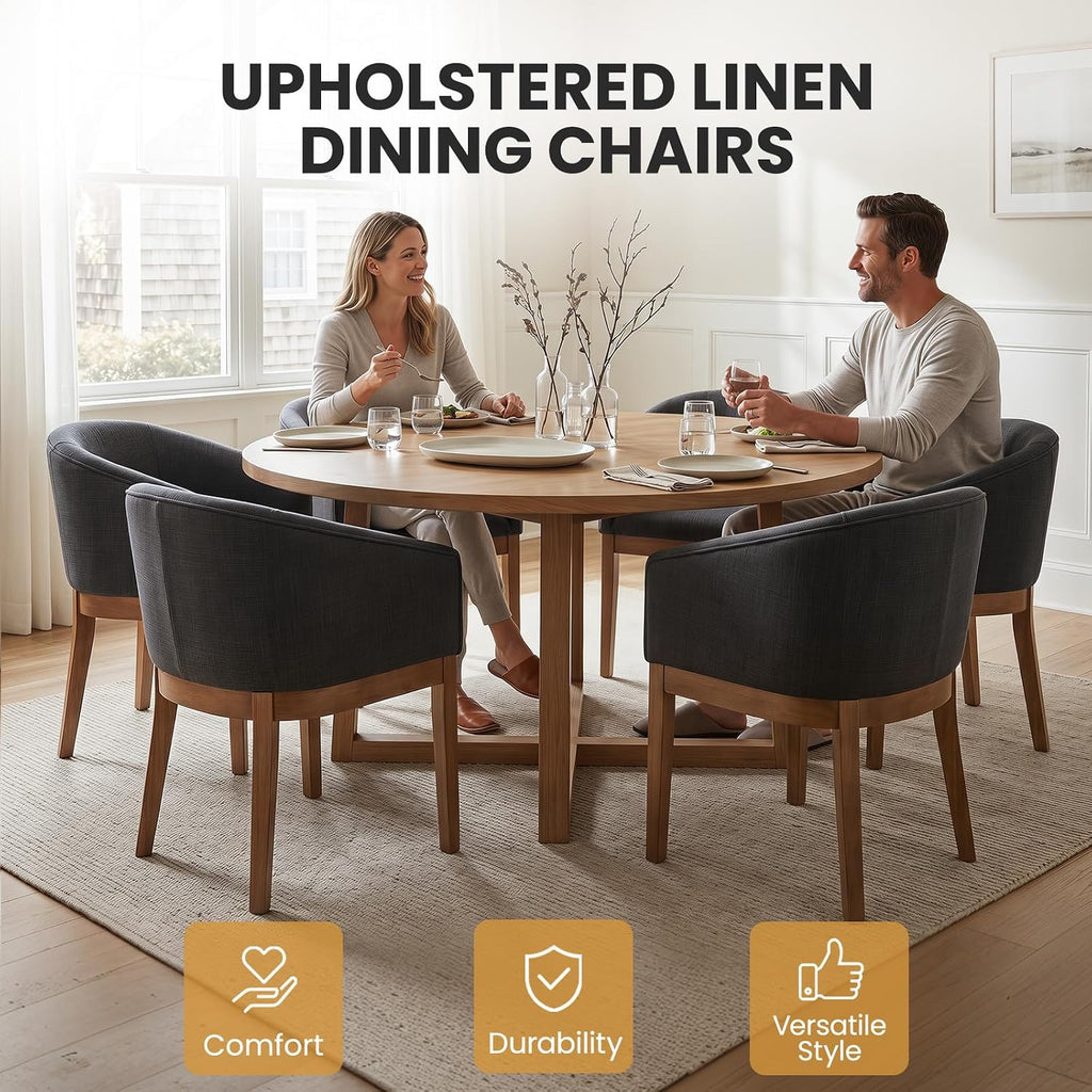 RIVOVA Barrel Dining Chairs Set of 8, Modern Upholstered Linen Kitchen Chair Wooden Dining Room Chairs Curved Back, Farmhouse Dinner Chair with Wood Legs for Restaurant, Support 330 LBS, Charcoal
