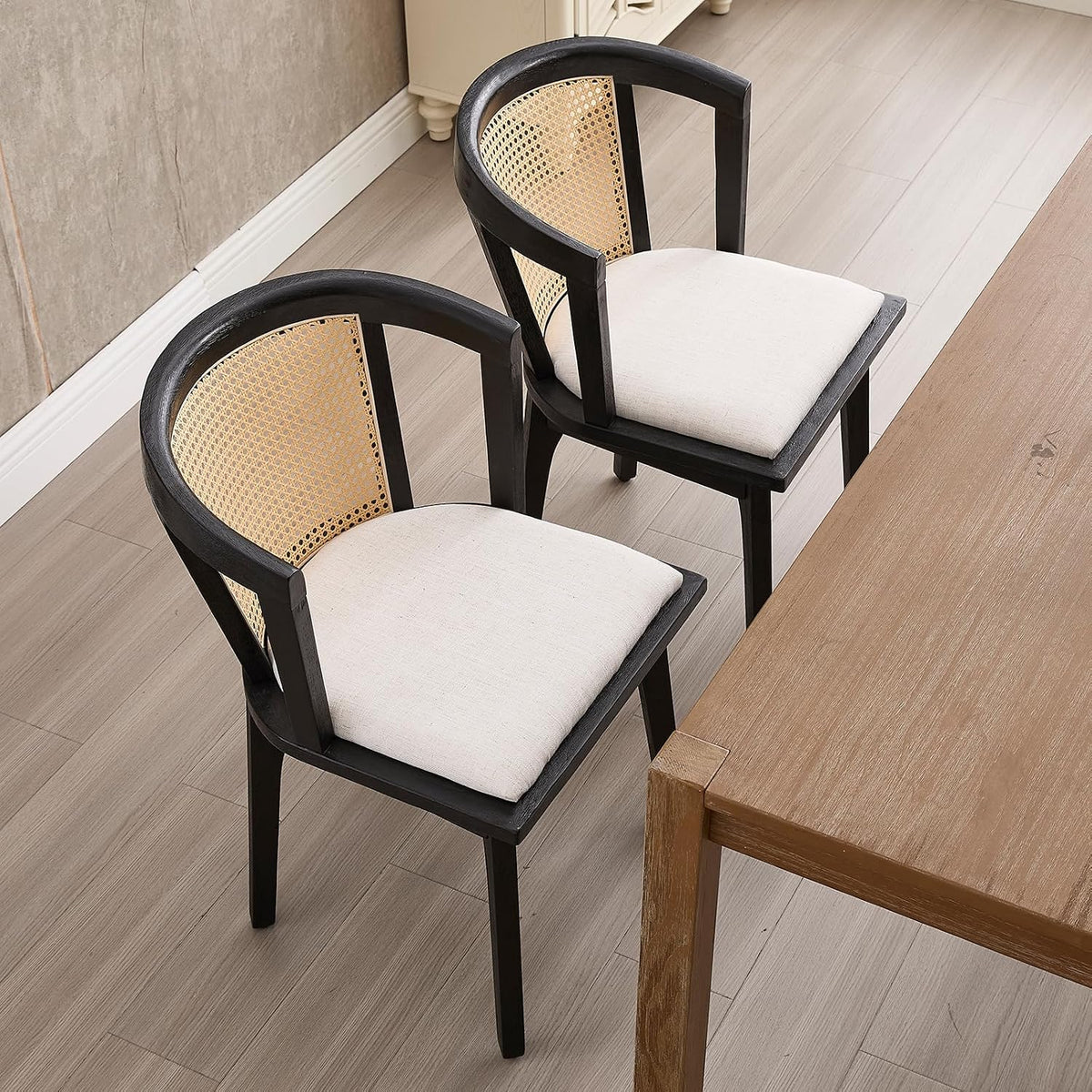 Kmax Modern Rattan Dining Chair Set of 6 Farmhouse Semi Barrel Dining Room Chair Wooden Upholstered Chair Oak Finish for Kitchen, Black