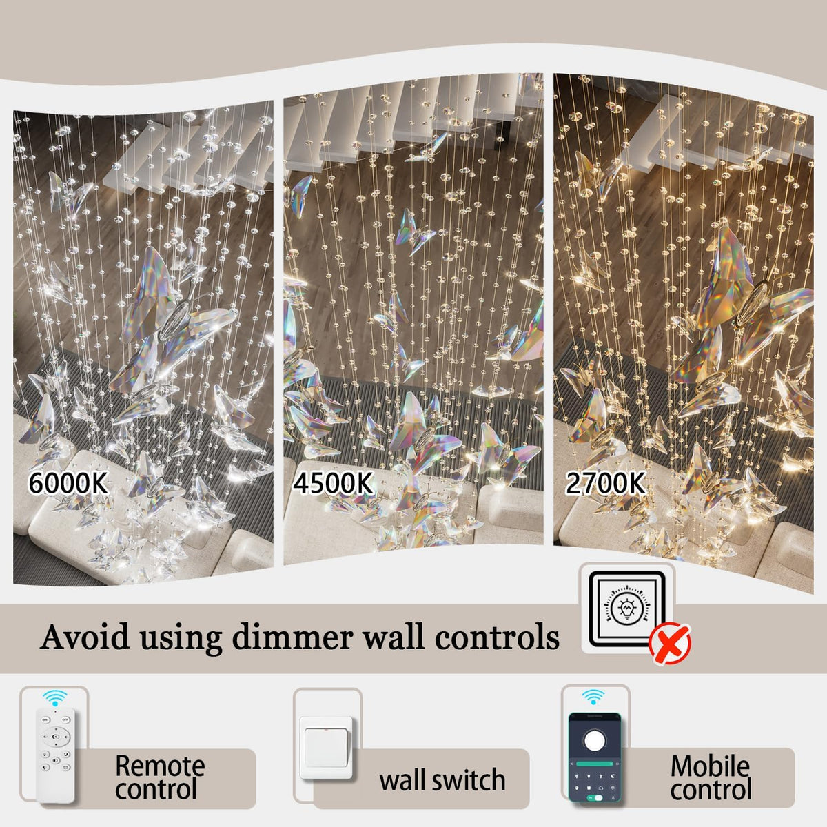 ykolupty H138 High Ceiling Chandelier - Modern Crystal Raindrop Large Chandelier for Staircase Foyer Entryway Living Room - Dimmable 3000-6000K